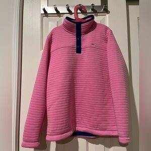Vineyard Vines size L (14) pink/navy pullover with snap up mock neckline